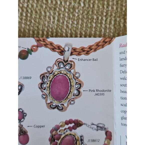 NEW ! VTG CAROLYN POLLACK STERLING SILVER RHODONITE BRASS PENDANT LEATHER BRAID - Picture 5 of 8